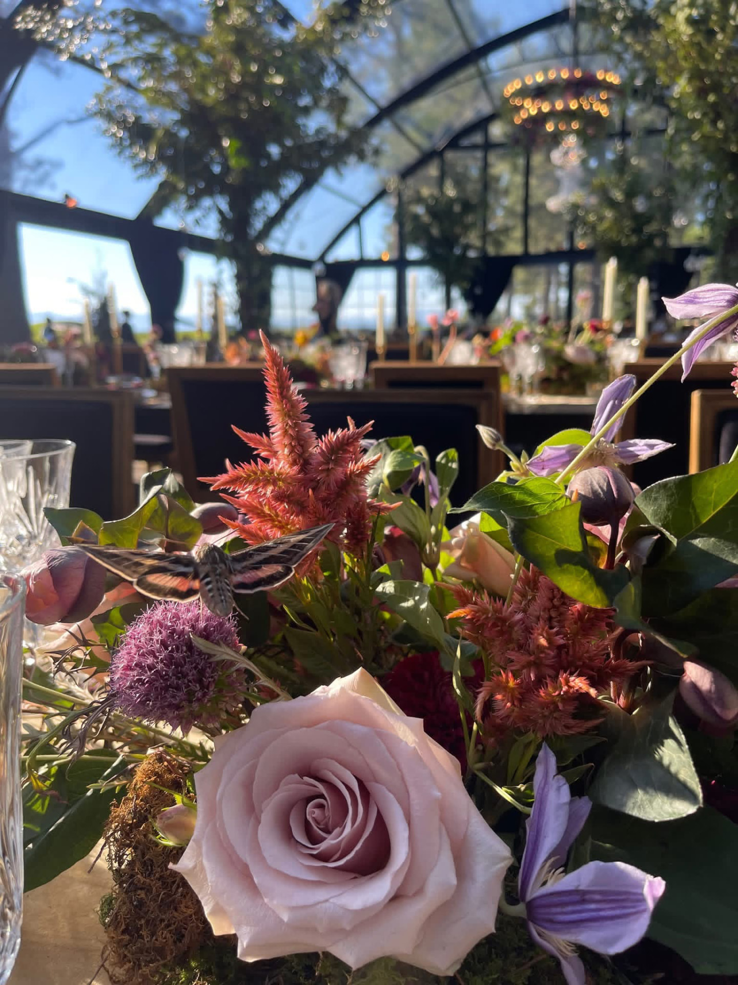 A floral wedding table setting beneath a glass tent at golden hour